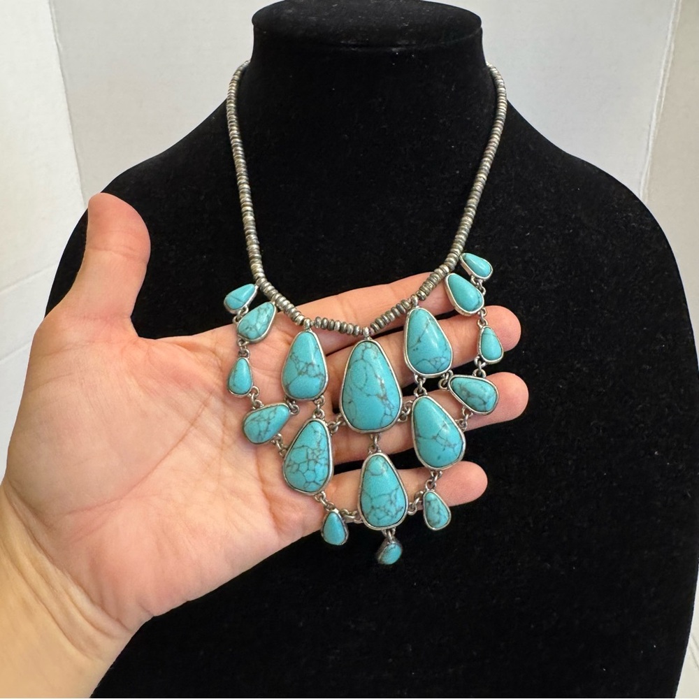 Lucky Brand Signed Faux Turquoise Stone Silver Tone Jewelry Chunky Boho Necklace - Picture 3 of 16
